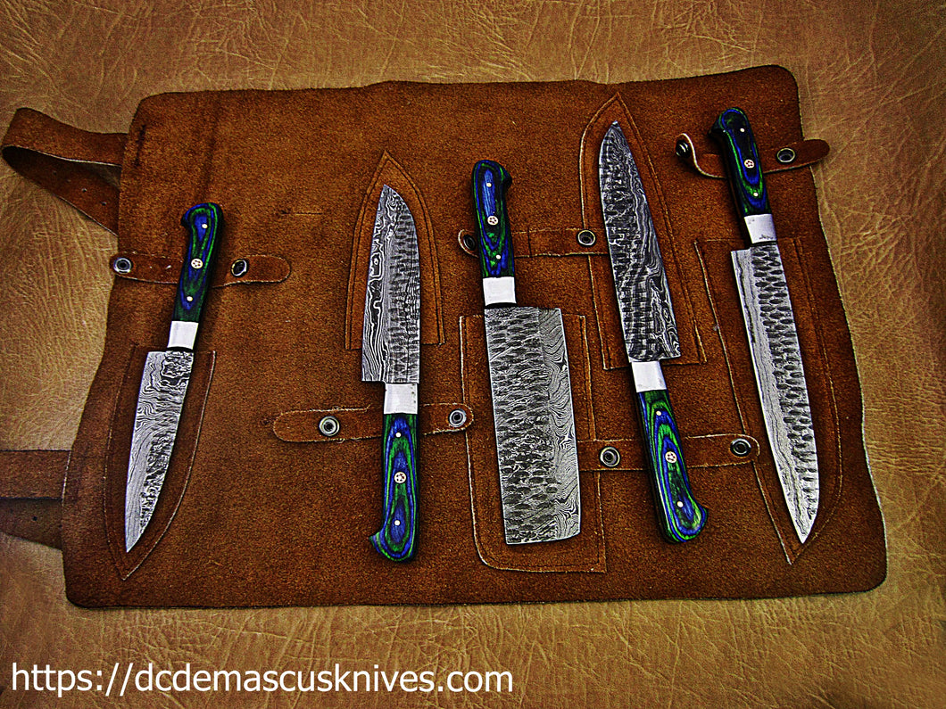 Custom  Made Damascus Steel Chef Knife Set.