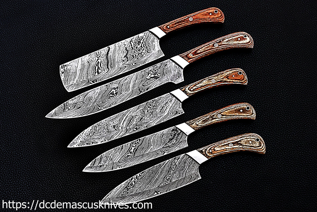 Custom  Made Damascus Steel Chef Knife Set.